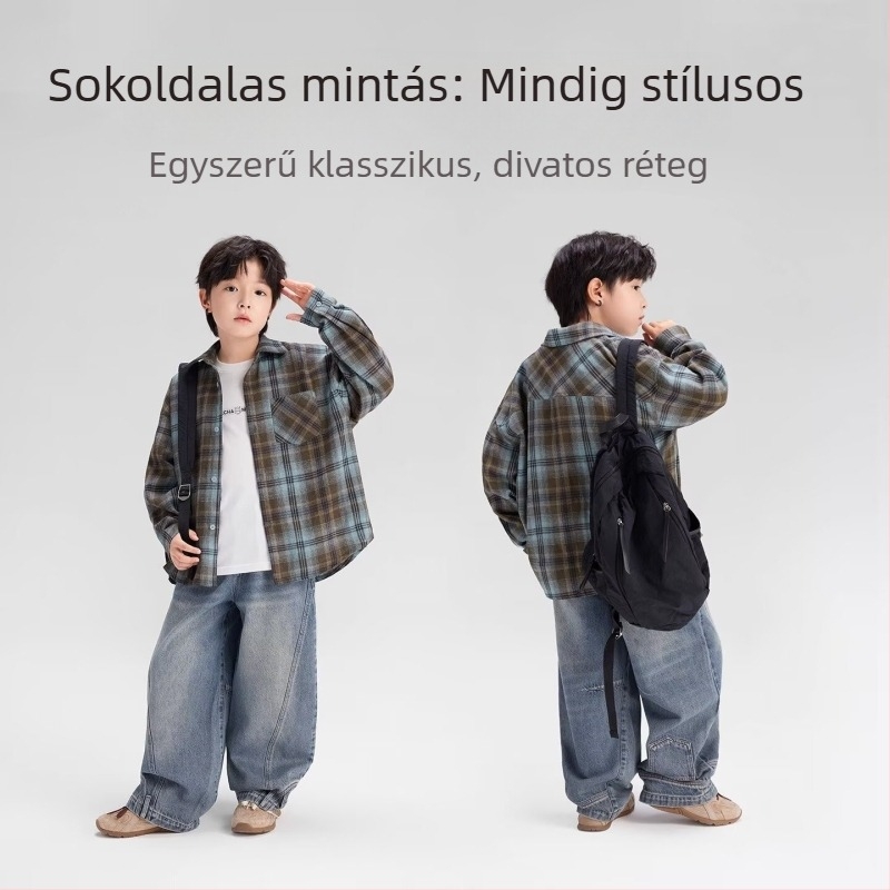 Fiúknak készült fleece-lével bélelt kockás ing, hosszú ujjú, lappos gallér, koreai stílus