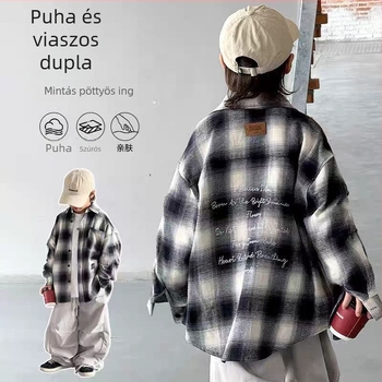 Fiú ing Koreai stílusban – casual, kockás minta, zakós gallér, 100% poliészter, hosszú ujjú