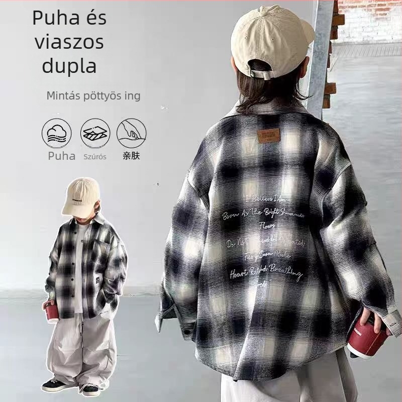 Fiú ing Koreai stílusban – casual, kockás minta, zakós gallér, 100% poliészter, hosszú ujjú