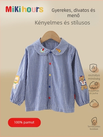 Kockás gyereking medve hímzett részlettel és Peter Pan gallérral, 100% pamut, hosszú ujjú