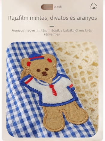 Kockás gyereking medve hímzett részlettel és Peter Pan gallérral, 100% pamut, hosszú ujjú