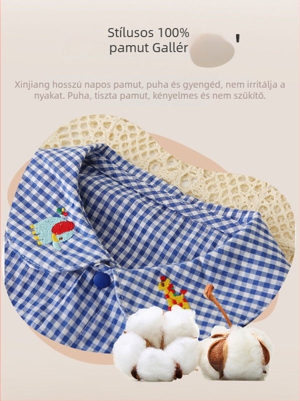 Kockás gyereking medve hímzett részlettel és Peter Pan gallérral, 100% pamut, hosszú ujjú