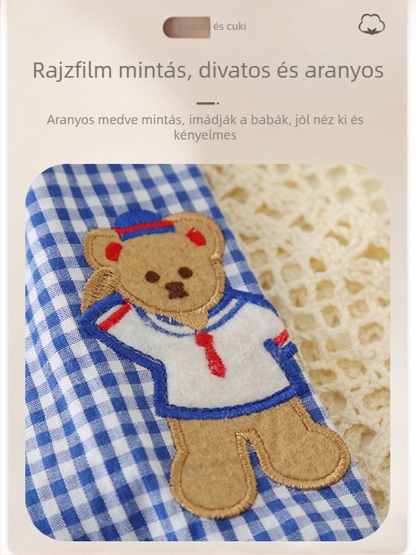 Kockás gyereking medve hímzett részlettel és Peter Pan gallérral, 100% pamut, hosszú ujjú