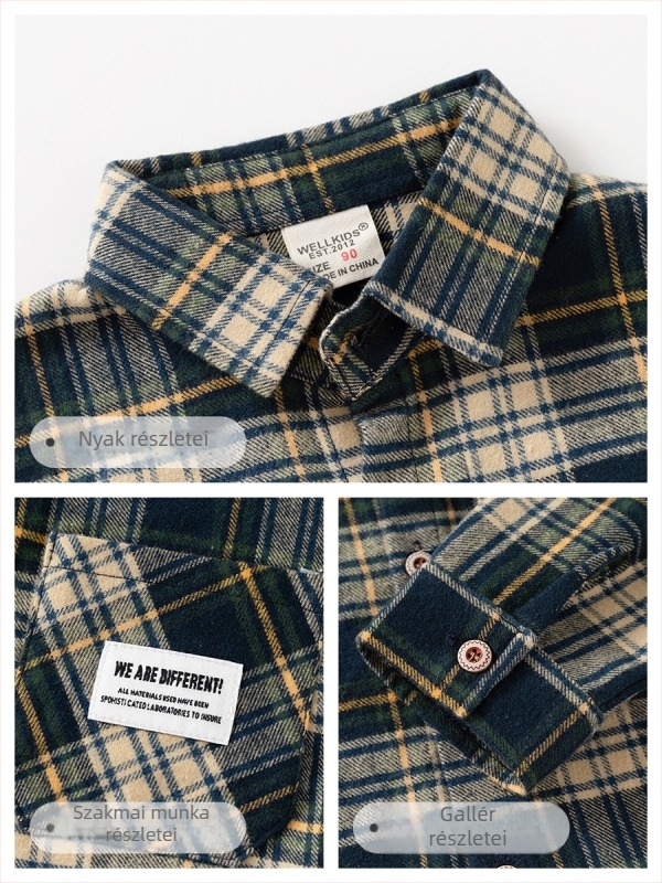 Fiúknak készült pamutból készült kefés ing, kockás mintával, hosszú ujjú, 3-8 éveseknek