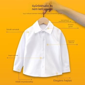 Egyszerű, unisex gyerekek fehér hosszú ujjú ing tavasz-őszi időszakra - iskolai egyenruha, előadásokhoz