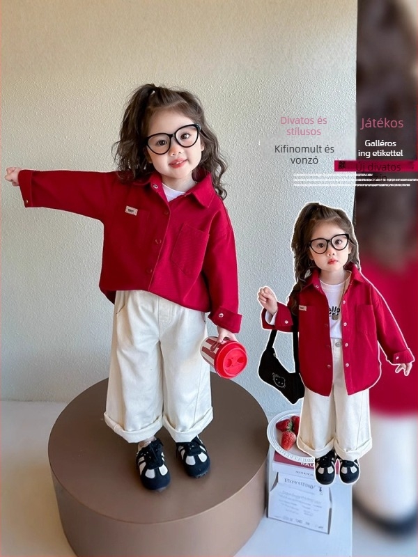 Lányoknak készült hosszú ujjú ing, négyzetes gallérral, pamut‑keverék – tavasz–ősz mindennapi top 3–8 éves gyerekeknek