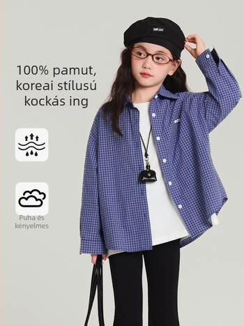 Puding Haru gyerekeknek szóló pamut kockás ing, légáteresztő és kényelmes, hosszú ujjú, koreai stílus, 3–8 éveseknek