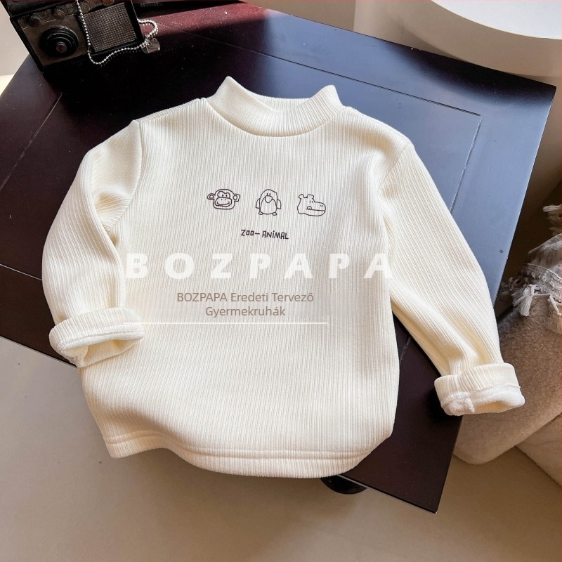 Fiúknak készült koreai stílusú laza hosszú ujjú felső fleece béléssel, állatmintás nyomtatás, 90% poliészter / 10% spandex