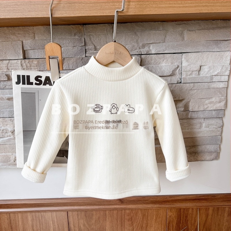 Fiúknak készült koreai stílusú laza hosszú ujjú felső fleece béléssel, állatmintás nyomtatás, 90% poliészter / 10% spandex