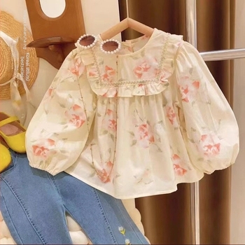 Lányok hosszú ujjú babydoll blúz virágmintával, koreai stílusú részletekkel