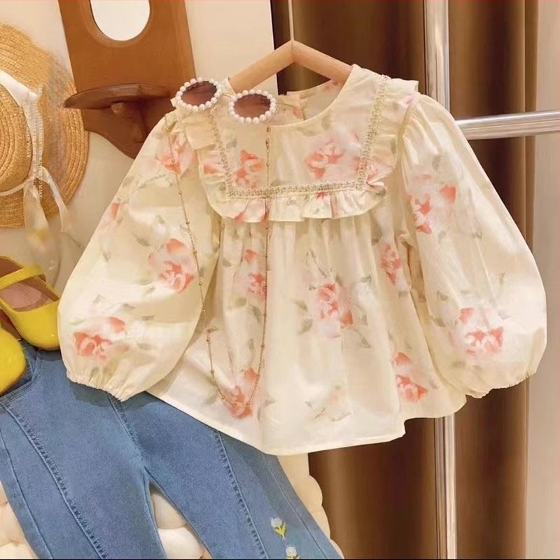 Lányok hosszú ujjú babydoll blúz virágmintával, koreai stílusú részletekkel