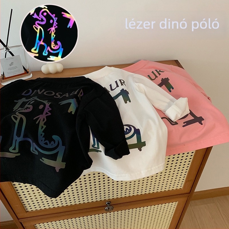 Gyerekeknek készült pamut hosszú ujjú póló lézer dinoszaurusz mintával, őszi sokoldalú top, kerek nyakú, 95% pamut, 3–8 éveseknek