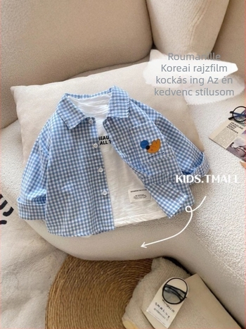 Koreai-stílusú gyerek ing, 95% pamut, hosszú ujjú, kockás minta, tavaszra és őszre, 3–8 éveseknek