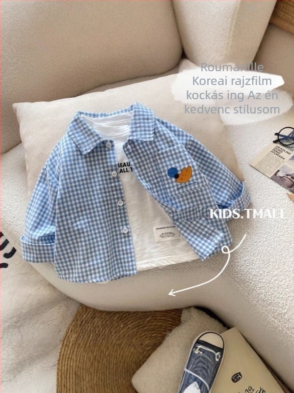 Koreai-stílusú gyerek ing, 95% pamut, hosszú ujjú, kockás minta, tavaszra és őszre, 3–8 éveseknek