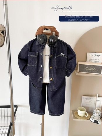 Koreai stílusú, két darabos gyerekeknek szóló denim ruházat, uniszex, 3–8 éveseknek