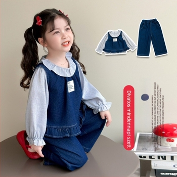 Lányok őszi háromrészes szettje: denim ing, koreai stílus, 85% pamut, hosszú ujjú, pulóver kapucni nélkül, rácsos mintázat