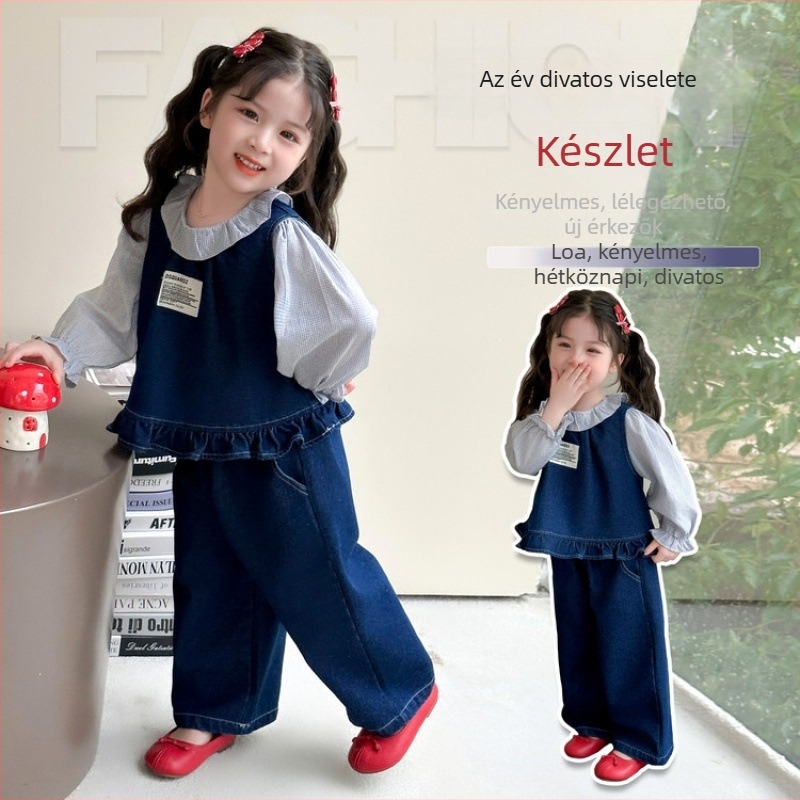 Lányok őszi háromrészes szettje: denim ing, koreai stílus, 85% pamut, hosszú ujjú, pulóver kapucni nélkül, rácsos mintázat