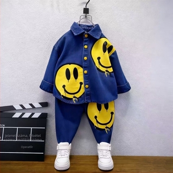 Fiúknak készült denim mosolygós mintázatú két részes szett, hosszú ujjú ing és nadrág, 1–3 éveseknek, tavasz–ősz