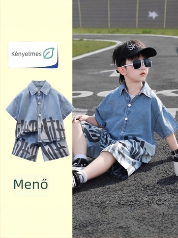Két darabos gyerekeknek szóló denim ing és nadrágszett, pamut-keverék anyag, rövid ujjú, 3/4 hosszú nadrág, puha felületű enzimes mosás, cartoon mintával, nyárra, 1–3 éveseknek