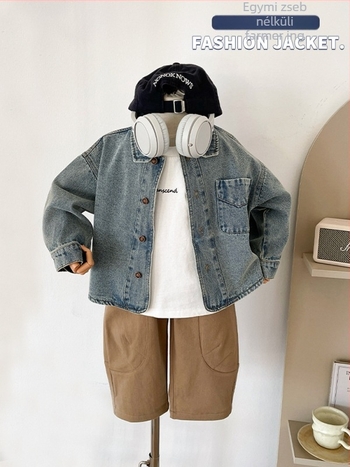 Gyerekeknek szóló denim ing – Uniszex, hosszú ujjú, gallér Turn-Down, egyszínű minta, tavasz (Fő anyag: 75,6% pamut; Gallér: Turn-Down; Ujj: hosszú; Minta: egyszínű; Szezon: tavasz)