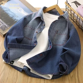 Fiúknak készült Denim-ingdzseki, hosszú ujjú, közép- és nagy méret, divatos tavasz–ősz stílus