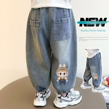 Labubu gyerekeknek szánt farmer, denim, 2026 tavasz-ősz, laza szabás, uniszex, hosszú nadrág, koreai stílus.