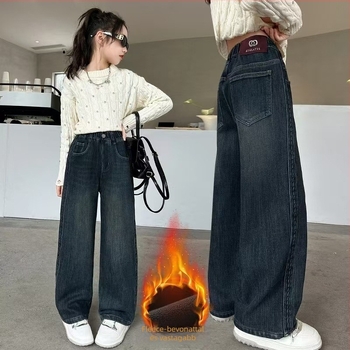 Lányoknak szóló farmernadrág fleece béléssel, vastagított széles lábú egyenes fazon, koreai stílus, középmagas derék, téli, 8 årsnél idősebb gyermekeknek