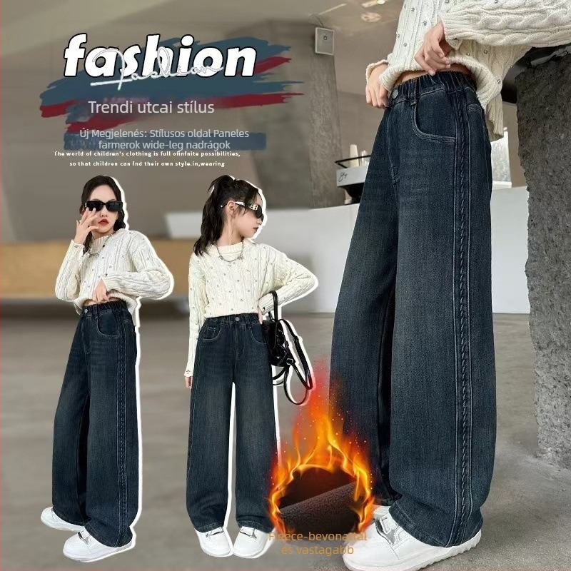 Lányoknak szóló farmernadrág fleece béléssel, vastagított széles lábú egyenes fazon, koreai stílus, középmagas derék, téli, 8 årsnél idősebb gyermekeknek