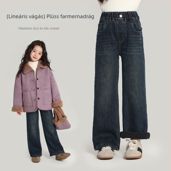 Puding Haru lányoknak fleece-bevonatú egyenes szabású farmernadrág téli szezonhoz – 45% pamut, középmagas derekú, gumis derekú öv, 3–8 év (100–140 cm)