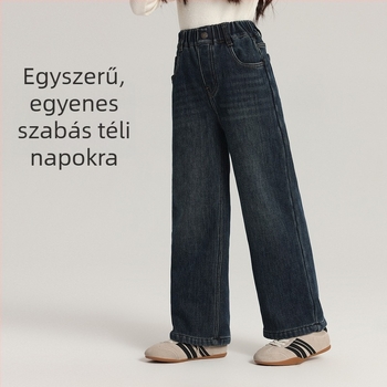 Puding Haru lányoknak fleece-bevonatú egyenes szabású farmernadrág téli szezonhoz – 45% pamut, középmagas derekú, gumis derekú öv, 3–8 év (100–140 cm)