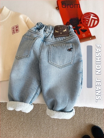 Gyerekeknek való farmernadrág pony hímzéssel, pamut denim, fleece bélés, téli koreai stílus