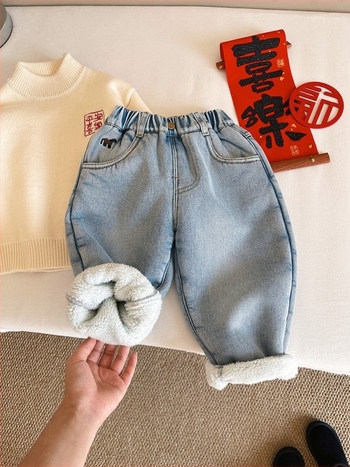 Gyerekeknek való farmernadrág pony hímzéssel, pamut denim, fleece bélés, téli koreai stílus