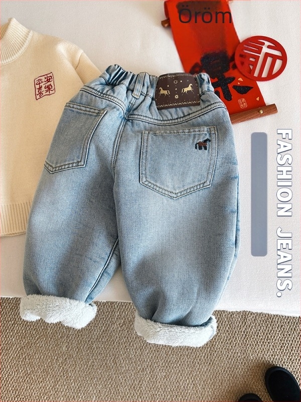 Gyerekeknek való farmernadrág pony hímzéssel, pamut denim, fleece bélés, téli koreai stílus