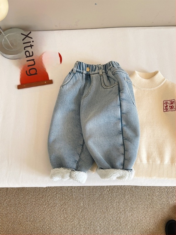 Gyerekeknek való farmernadrág pony hímzéssel, pamut denim, fleece bélés, téli koreai stílus