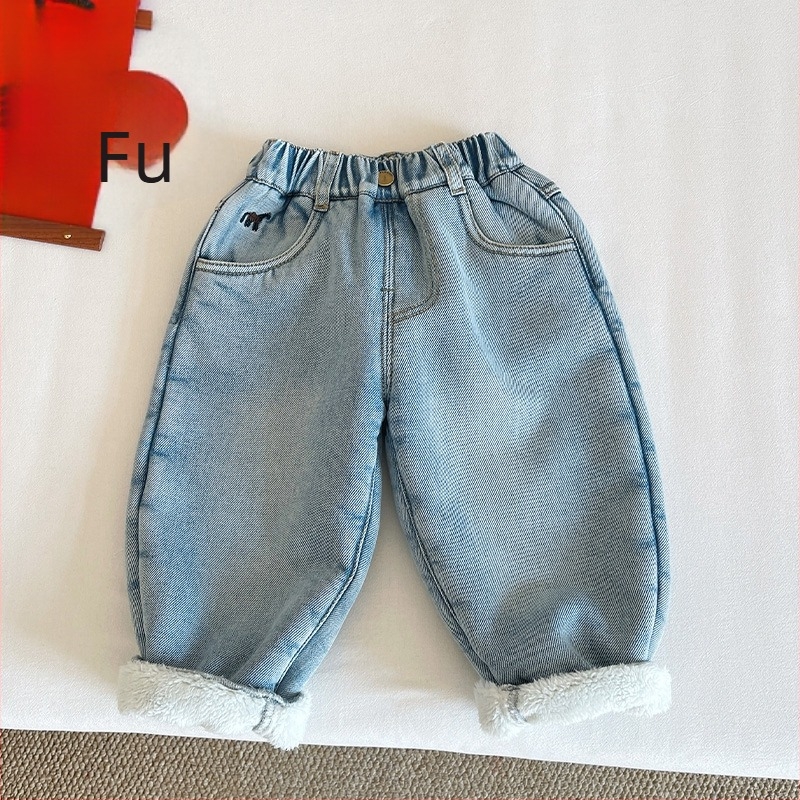 Gyerekeknek való farmernadrág pony hímzéssel, pamut denim, fleece bélés, téli koreai stílus