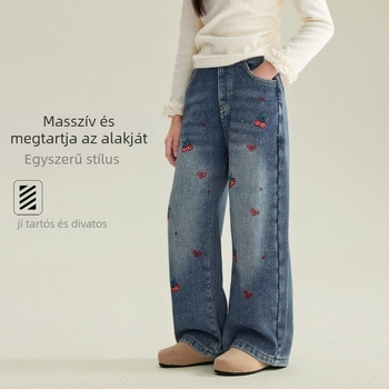 Lányoknak készült fleece-bevonatú farmernadrág – koreai stílus, egyenes szabás, magas derék, rajzolt mintázat