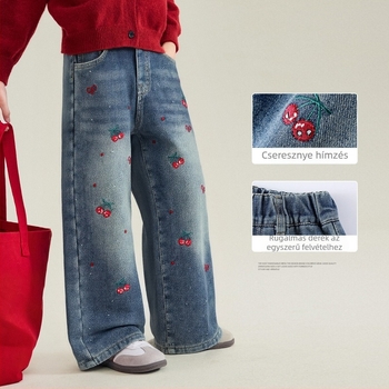 Lányoknak készült fleece-bevonatú farmernadrág – koreai stílus, egyenes szabás, magas derék, rajzolt mintázat