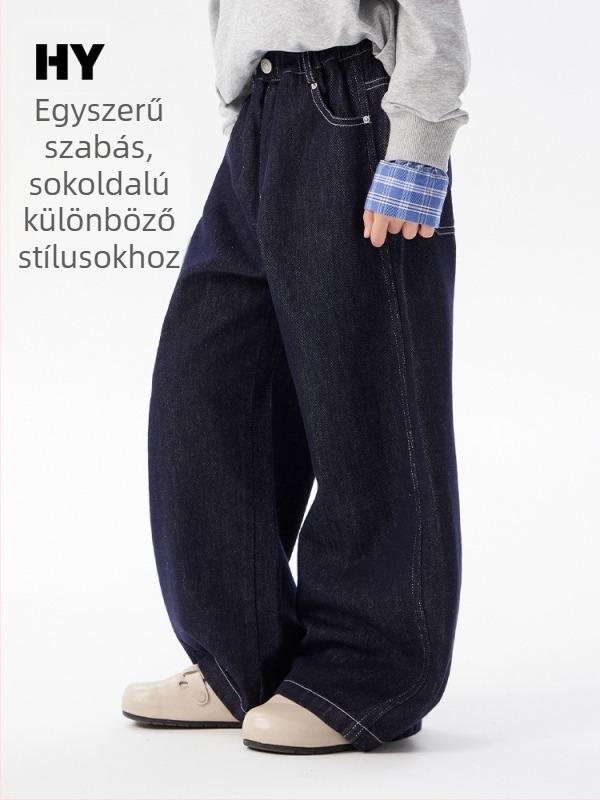 Gyerekeknek készült koreai stílusú denimnadrág, középmagas derékvonal, 98% pamut, 2% poliészter, enzimmos mosás, egyszínű