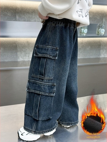 Gyerekeknek készült farmernadrág fleece béléssel, koreai stílus, középmagas derék elasztikus derékszíjjal, hosszú fazon, 3–8 éveseknek