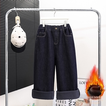 Lányoknak készült fleece-öltésű farmernadrág, lazább szabás, középmagas derekú, 50% pamut, őszi-téli 2025