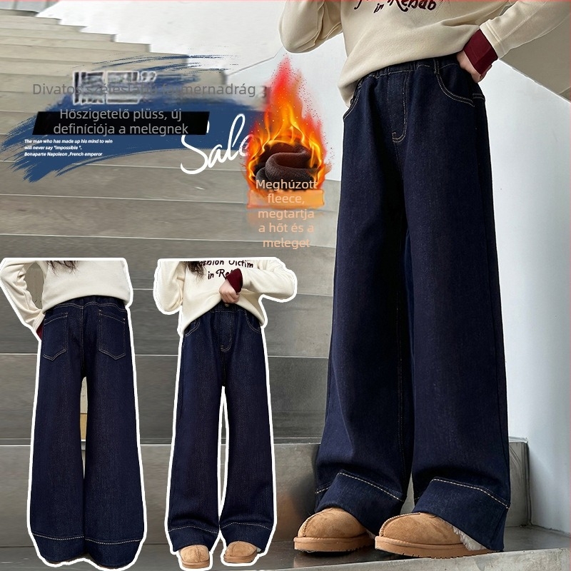 Lányoknak készült fleece-öltésű farmernadrág, lazább szabás, középmagas derekú, 50% pamut, őszi-téli 2025