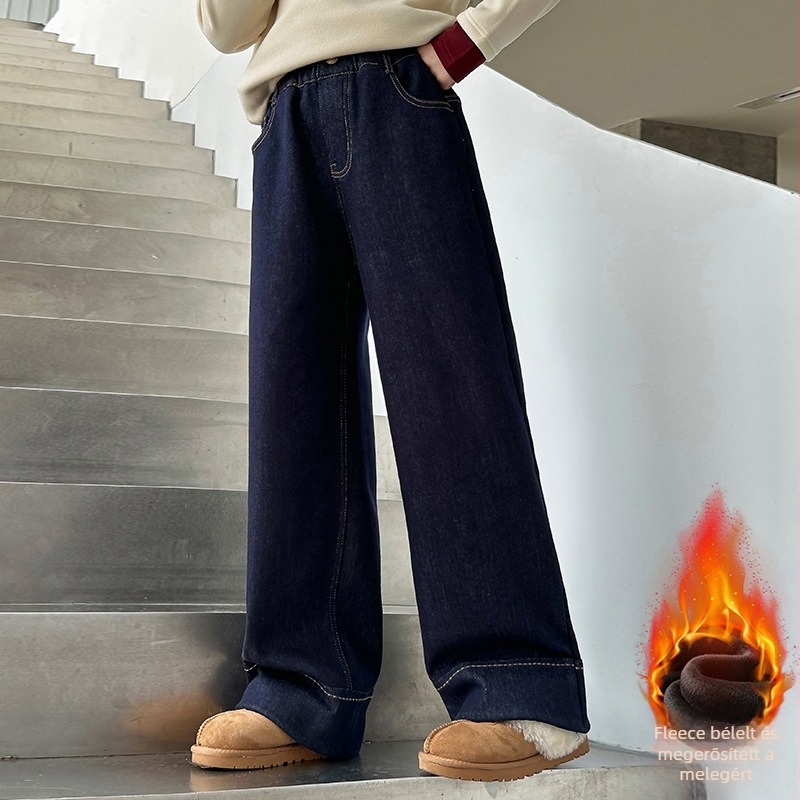 Lányoknak készült fleece-öltésű farmernadrág, lazább szabás, középmagas derekú, 50% pamut, őszi-téli 2025