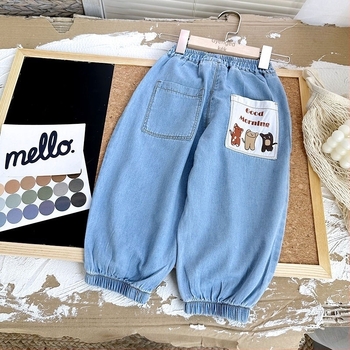 Gyerekeknek készült nadrág, hip-hop stílus, denim-pamut keverék, magas derekú, rövid szárú