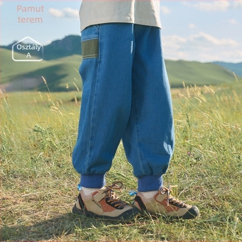 Gyerekeknek szóló denim nadrág, szabadidős stílus, középmagas derék, elasztikus övcsattal, tavasz–őszi viseléshez