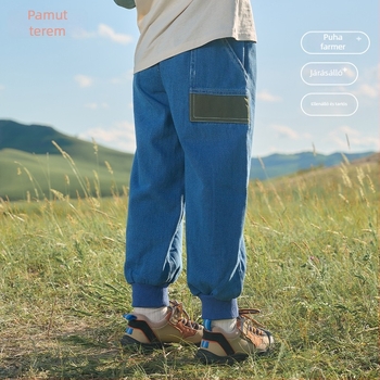 Gyerekeknek szóló denim nadrág, szabadidős stílus, középmagas derék, elasztikus övcsattal, tavasz–őszi viseléshez