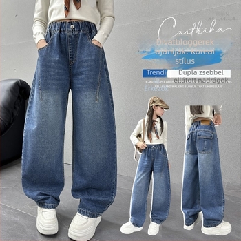 Lányoknak szóló farmernadrág, koreai stílus, magas derekú, egyenes széles szabású lábak, 2025 tavasz/ősz