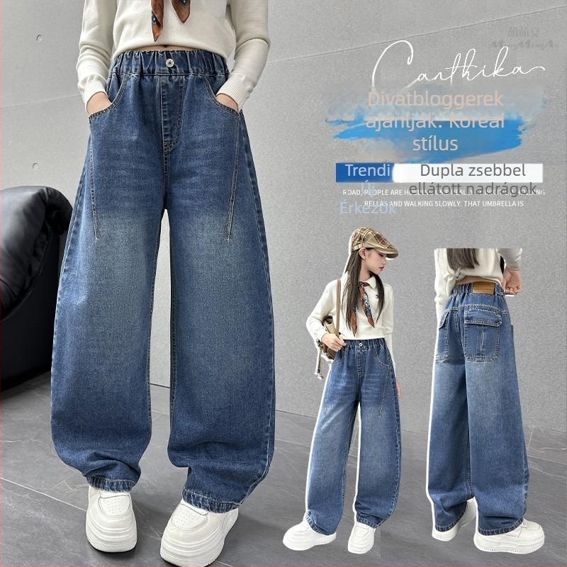 Lányoknak szóló farmernadrág, koreai stílus, magas derekú, egyenes széles szabású lábak, 2025 tavasz/ősz
