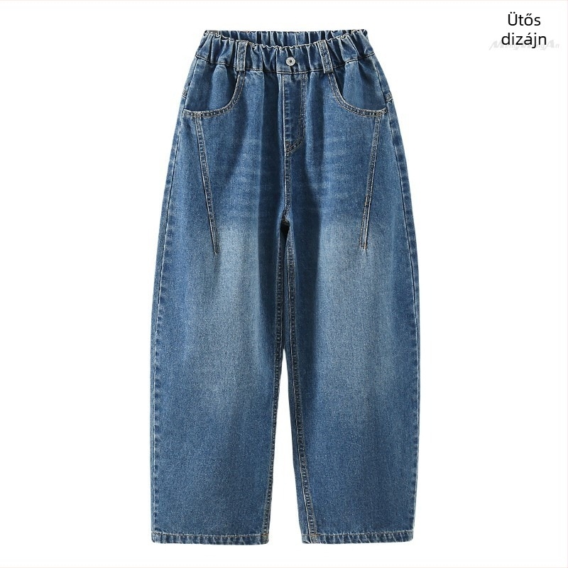 Lányoknak szóló farmernadrág, koreai stílus, magas derekú, egyenes széles szabású lábak, 2025 tavasz/ősz