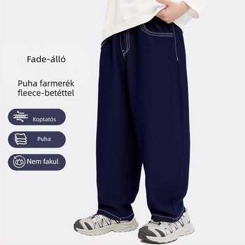 Gyerekeknek készült fleece-betétes farmernadrág, uniszex, középmagas derekú, elasztikus övvel, 8+ éveseknek, 2025 ősz