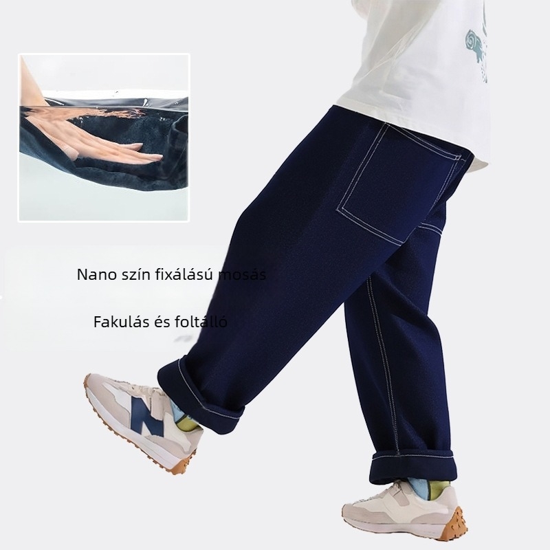 Gyerekeknek készült fleece-betétes farmernadrág, uniszex, középmagas derekú, elasztikus övvel, 8+ éveseknek, 2025 ősz